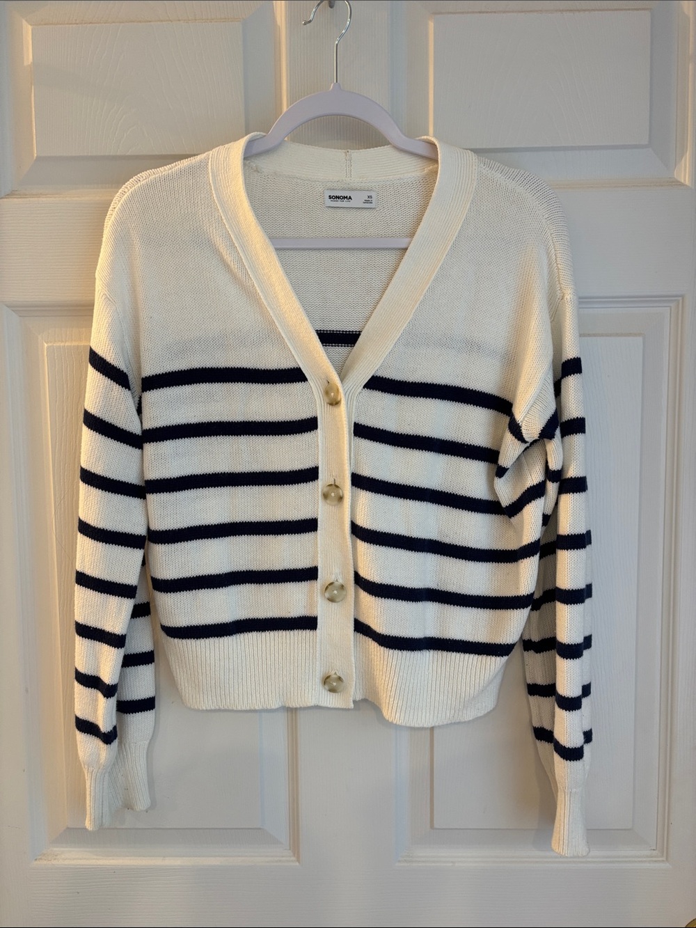 Sonoma Cream & Navy Striped V-Neck Button Cardigan